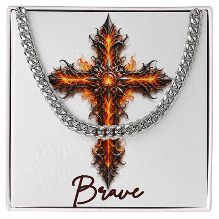 Brave Cross Internal Flames | Christian Cuban Link Chain Necklace | His Word