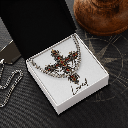 Loved Cross Crown of Thorns | Christian Cuban Link Chain Necklace | His Word