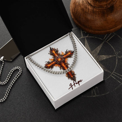 Hope Cross Internal Flames | Christian Cuban Link Chain Necklace | His Word