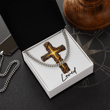 Loved Cross Glowing Radiant Center | Christian Cuban Link Chain Necklace | His Word