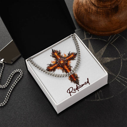Redeemed Cross Internal Flames | Christian Cuban Link Chain Necklace | His Word