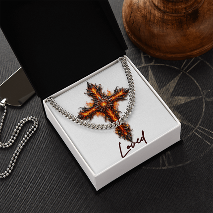 Loved Cross Internal Flames | Christian Cuban Link Chain Necklace | His Word