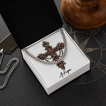Hope Cross Crown of Thorns | Christian Cuban Link Chain Necklace | His Word