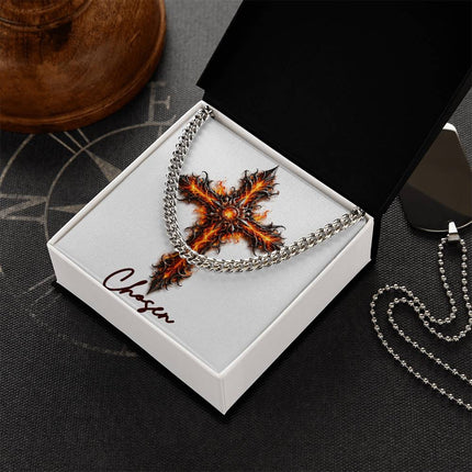 Chosen Cross Internal Flames | Christian Cuban Link Chain Necklace | His Word