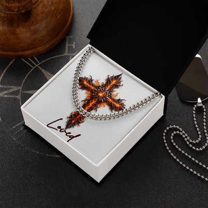 Loved Cross Internal Flames | Christian Cuban Link Chain Necklace | His Word