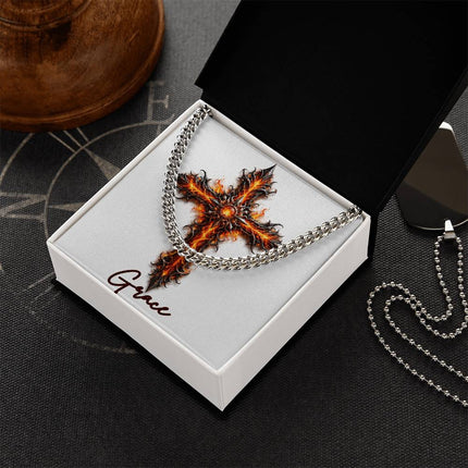 Grace Cross Internal Flames | Christian Cuban Link Chain Necklace | His Word