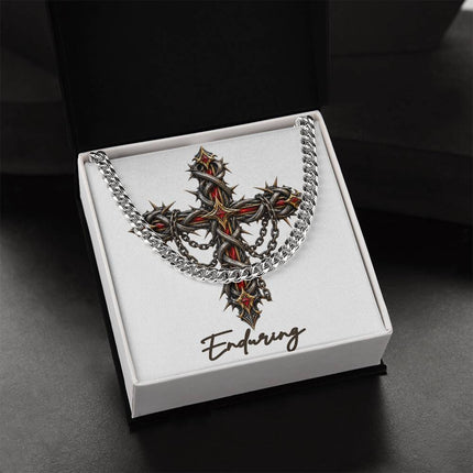 Enduring Cross Crown of Thorns | Christian Cuban Link Chain Necklace | His Word