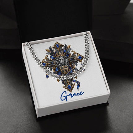 Grace Cross Lion | Christian Cuban Link Chain Necklace | His Word