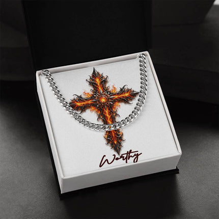 Worthy Cross Internal Flames | Christian Cuban Link Chain Necklace | His Word