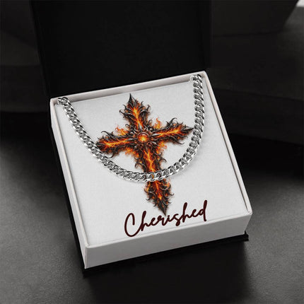 Cherished Cross Internal Flames | Christian Cuban Link Chain Necklace | His Word