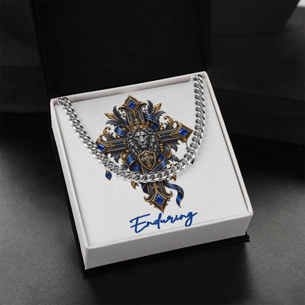 Enduring Cross Lion | Christian Cuban Link Chain Necklace | His Word