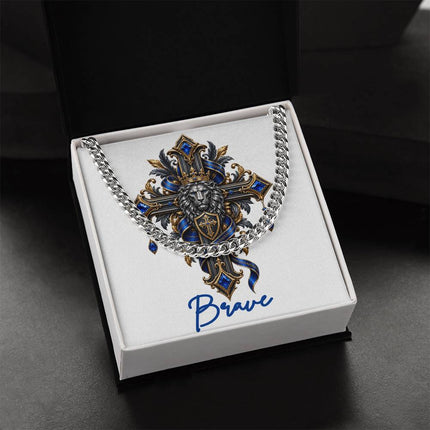 Brave Cross Lion | Christian Cuban Link Chain Necklace | His Word