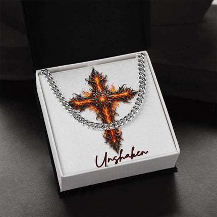 Unshaken Cross Internal Flames | Christian Cuban Link Chain Necklace | His Word