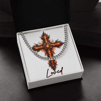 Loved Cross Internal Flames | Christian Cuban Link Chain Necklace | His Word