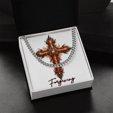 Forgiving Cross Internal Flames | Christian Cuban Link Chain Necklace | His Word