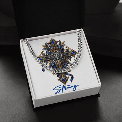 Strong Cross Lion | Christian Cuban Link Chain Necklace | His Word
