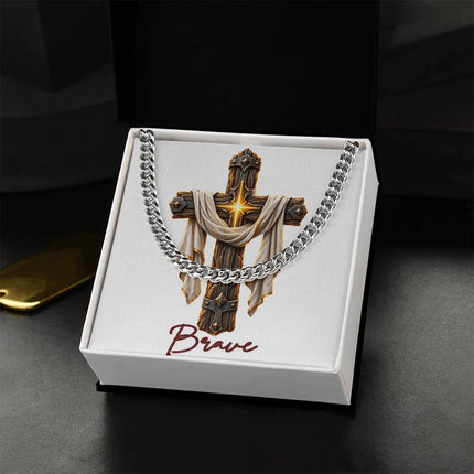 Brave Cross Easter Drape | Christian Cuban Link Chain Necklace | His Word