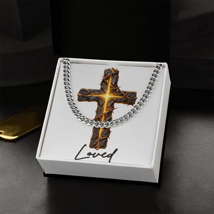 Loved Cross Glowing Radiant Center | Christian Cuban Link Chain Necklace | His Word