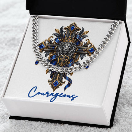 Courageous Cross Lion | Christian Cuban Link Chain Necklace | His Word
