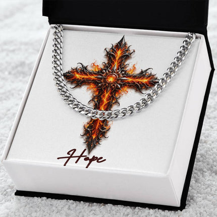 Hope Cross Internal Flames | Christian Cuban Link Chain Necklace | His Word