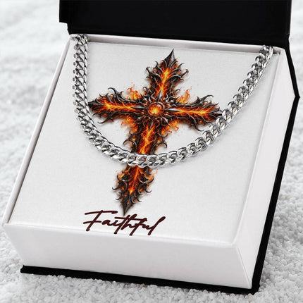 Faithful Cross Internal Flames | Christian Cuban Link Chain Necklace | His Word