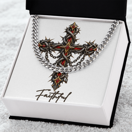 Faithful Cross Crown of Thorns | Christian Cuban Link Chain Necklace | His Word