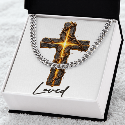 Loved Cross Glowing Radiant Center | Christian Cuban Link Chain Necklace | His Word