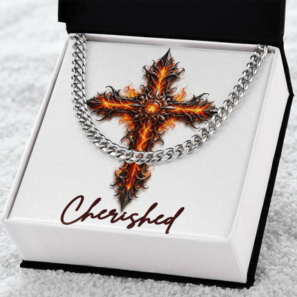 Cherished Cross Internal Flames | Christian Cuban Link Chain Necklace | His Word