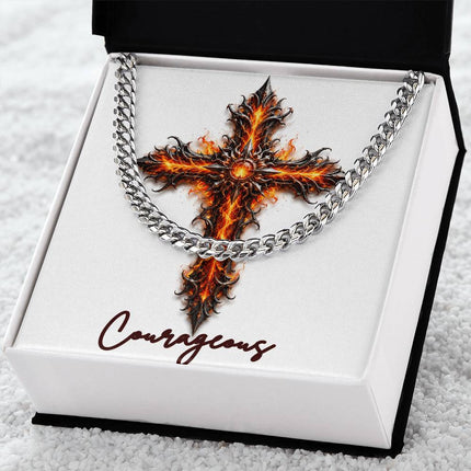 Courageous Cross Internal Flames | Christian Cuban Link Chain Necklace | His Word