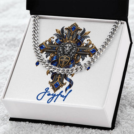 Joyful Cross Lion | Christian Cuban Link Chain Necklace | His Word