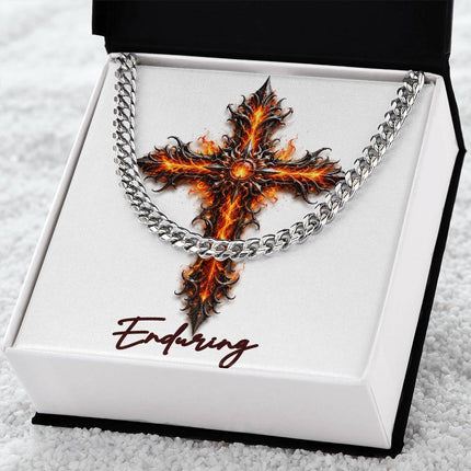 Enduring Cross Internal Flames | Christian Cuban Link Chain Necklace | His Word