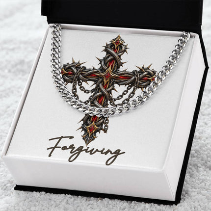 Forgiving Cross Crown of Thorns | Christian Cuban Link Chain Necklace | His Word
