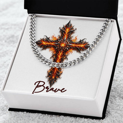 Brave Cross Internal Flames | Christian Cuban Link Chain Necklace | His Word