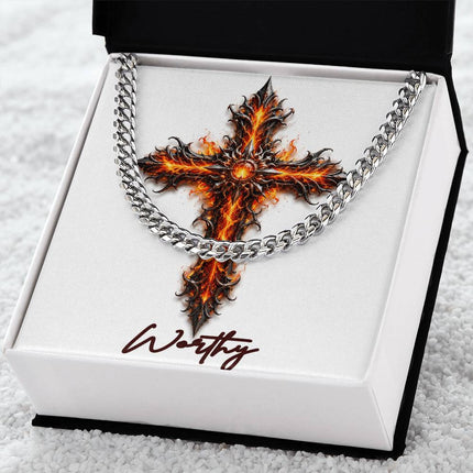 Worthy Cross Internal Flames | Christian Cuban Link Chain Necklace | His Word