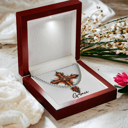 Grace Cross Internal Flames | Christian Cuban Link Chain Necklace | His Word