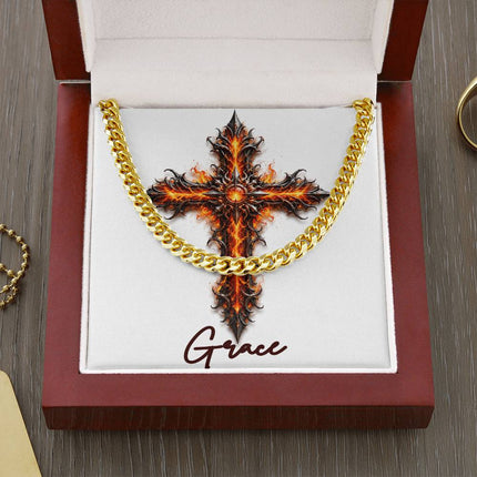 Grace Cross Internal Flames | Christian Cuban Link Chain Necklace | His Word