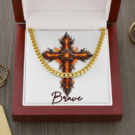 Brave Cross Internal Flames | Christian Cuban Link Chain Necklace | His Word
