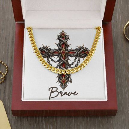 Brave Cross Crown of Thorns | Christian Cuban Link Chain Necklace | His Word