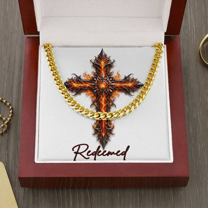Redeemed Cross Internal Flames | Christian Cuban Link Chain Necklace | His Word