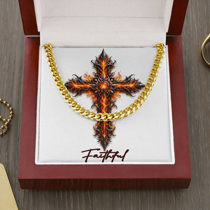 Faithful Cross Internal Flames | Christian Cuban Link Chain Necklace | His Word