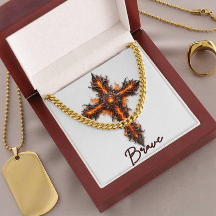 Brave Cross Internal Flames | Christian Cuban Link Chain Necklace | His Word