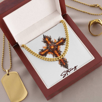 Strong Cross Internal Flames | Christian Cuban Link Chain Necklace | His Word