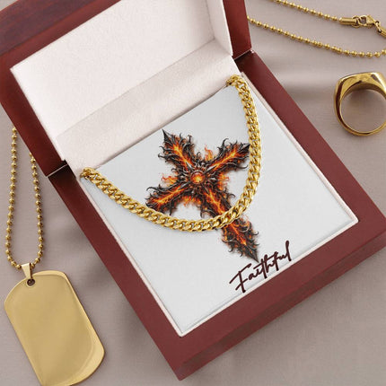 Faithful Cross Internal Flames | Christian Cuban Link Chain Necklace | His Word