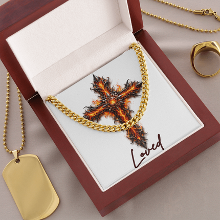 Loved Cross Internal Flames | Christian Cuban Link Chain Necklace | His Word