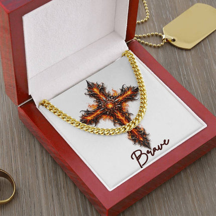 Brave Cross Internal Flames | Christian Cuban Link Chain Necklace | His Word