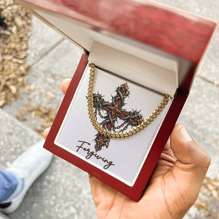 Forgiving Cross Crown of Thorns | Christian Cuban Link Chain Necklace | His Word
