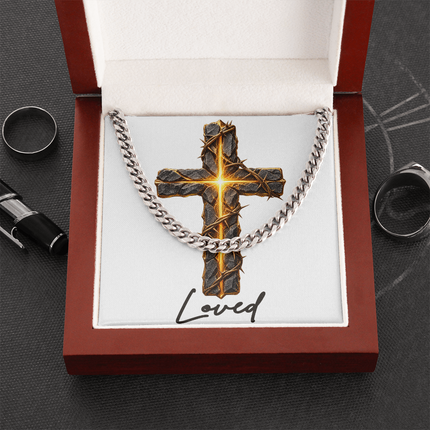 Loved Cross Glowing Radiant Center | Christian Cuban Link Chain Necklace | His Word