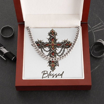 Blessed Cross Crown of Thorns | Christian Cuban Link Chain Necklace | His Word