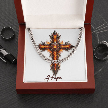 Hope Cross Internal Flames | Christian Cuban Link Chain Necklace | His Word
