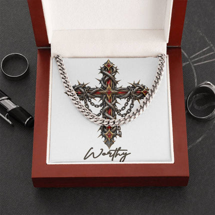 Worthy Cross Crown of Thorns | Christian Cuban Link Chain Necklace | His Word